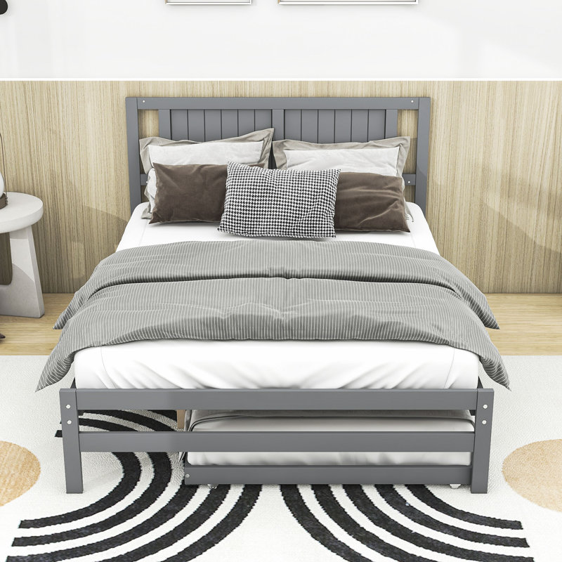 Full Size Platform Bed with Adjustable Trundle, Gray