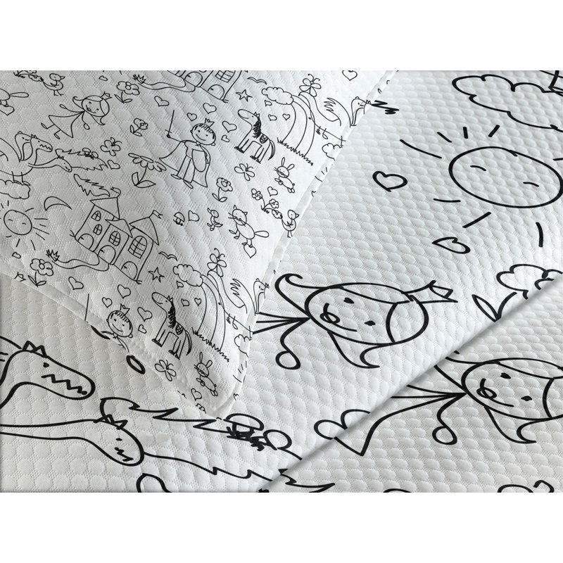 White Quilted Cartoon Bedspread Set with Pillow Shams