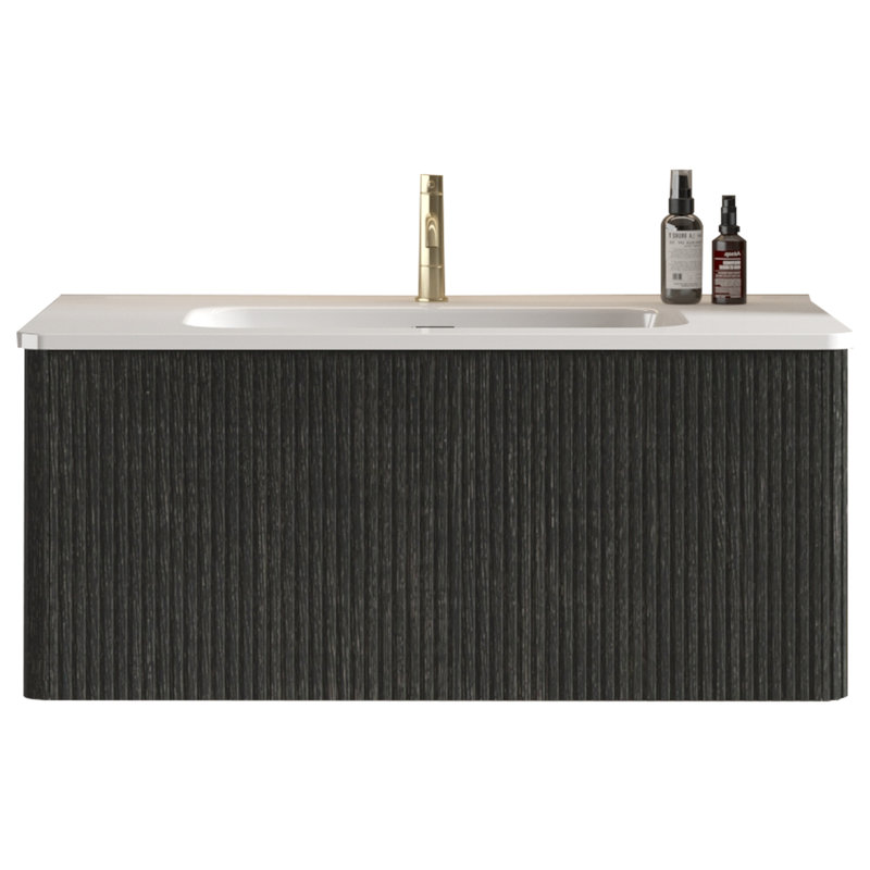 36" Bathroom Vanity With Striped Black Oak, White Ceramic Sink, -Oriented Design - Pre-Assembled Oak Look, Increased Storage U Shape