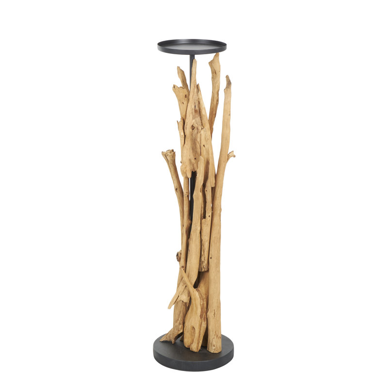 Porte-bougie brun en bois de teck fabriqué à la main, H 38,50 po x l 10 po x P 10 po
