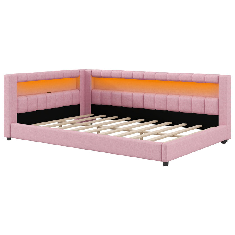Lit plateforme tapissier double très grand avec ports USB et ceinture à DEL, rose, Double XL, Rose