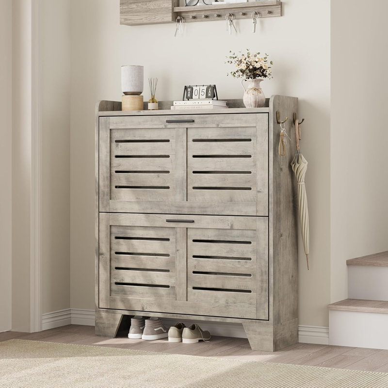 Shoe Cabinet Storage For Entryway, Narrow Shoe Cabinet With 2 Flip Drawers, Freestanding Hidden Slim Shoe Organizer Cabinet With Hooks For Foyer, Hallway, Garage