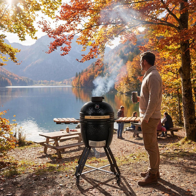 Chariot et fumoir 18 po en céramique noire Kamado - intérieur blanc, 2 niveaux, 250 pouces carrés, chariot roulant