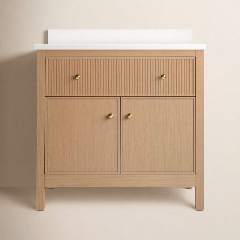 Malin By Studio McGee 36 in. Bathroom Vanity Cabinet With Sink And Quartz Top, Oak, Brass, 36"