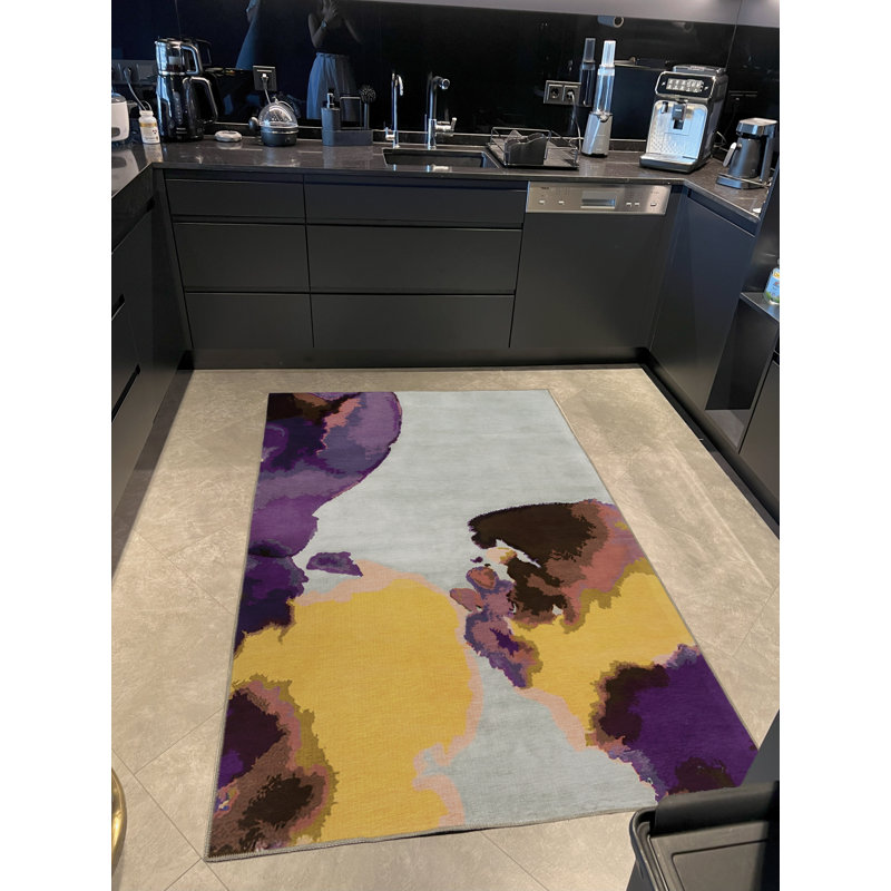 Tapis décoratif moderne à motif abstrait jaune et mauve, Tapis de couloir 3 pi 9,81 po x 9 pi 10,11 po
