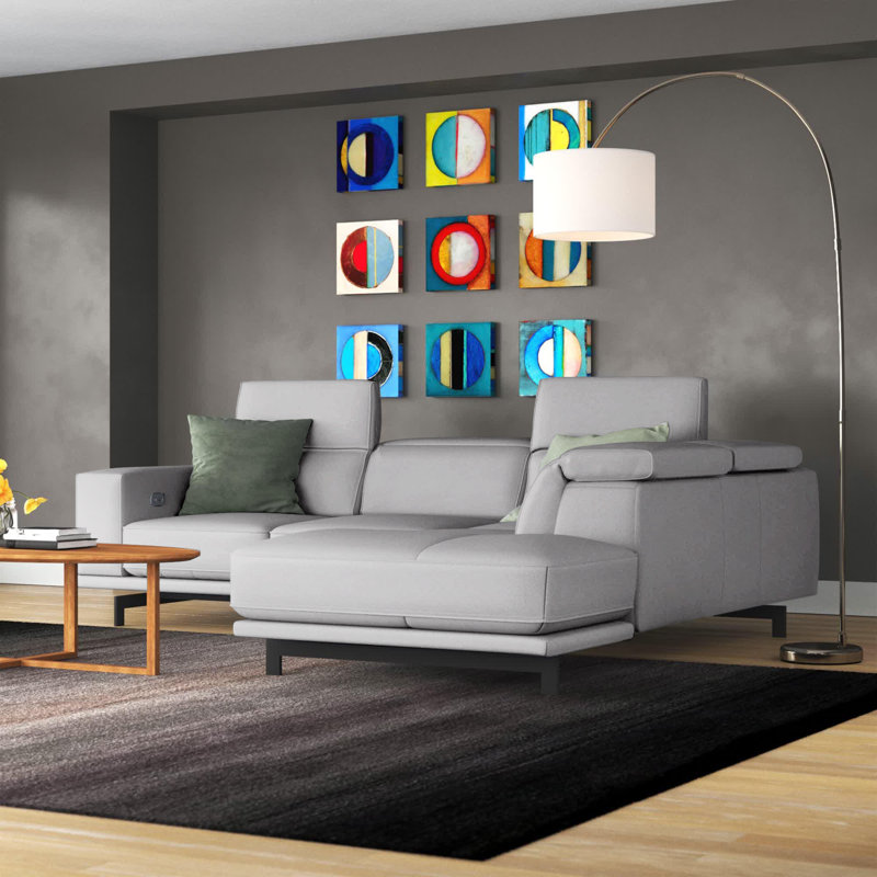 Velazco Upholstered L-Shaped Sectional, Light Grey Genuine Leather, Right Hand Facing