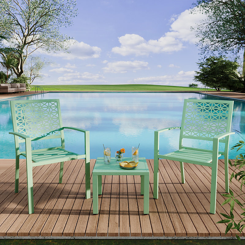 3-Piece Bistro Set, Outdoor Bistro Set, Stackable Metal Square Table and Chairs, Green