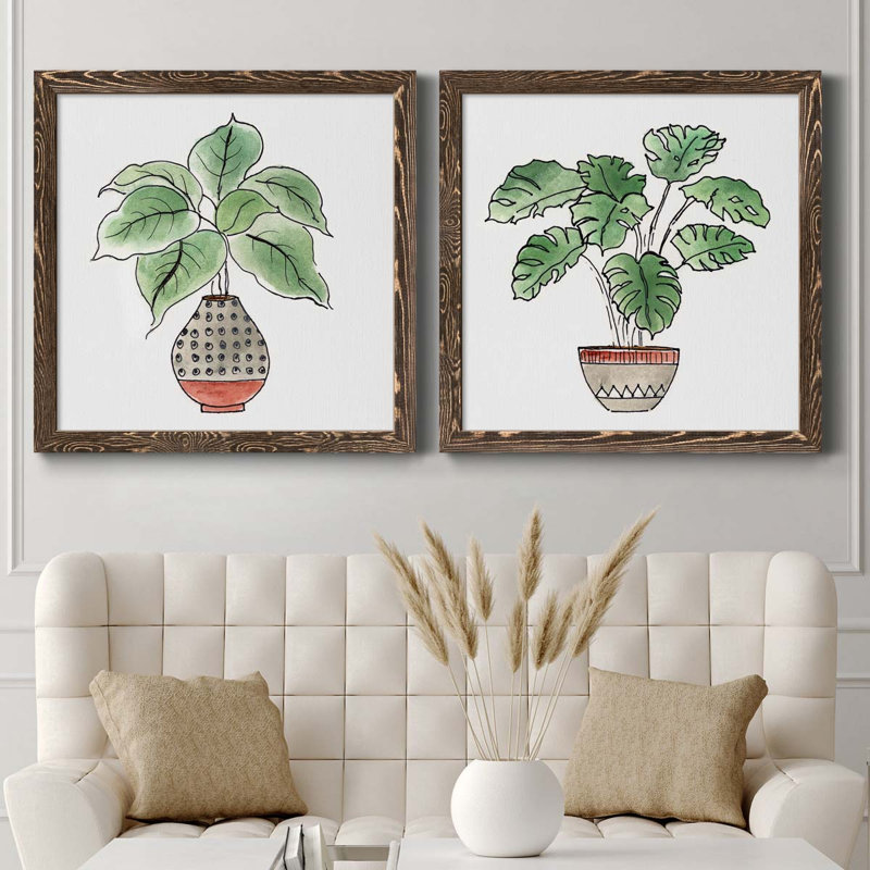 Boho Greenery I - ensemble de 2 peintures sur toile encadrées, Cadre noyer, H 35,5 po x l 71 po x P 1,5 po