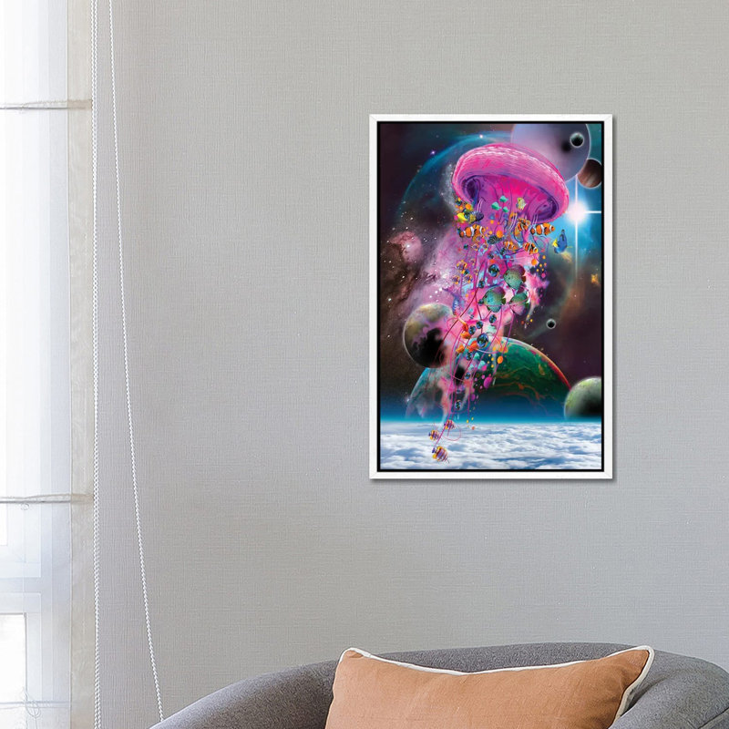 Pink Electric Jellyfish by David Loblaw - Print on Canvas, 66.04 cm H x 45.72 cm W, White Framed
