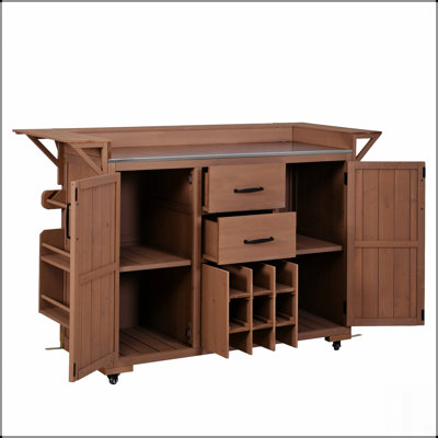 Modern 60.2''W Outdoor Kitchen Island with Wheels, Rolling Patio BBQ Cart, Stainless Steel Top, Wood Grill Cart with Spice and Wine Racks, 2 Drawers