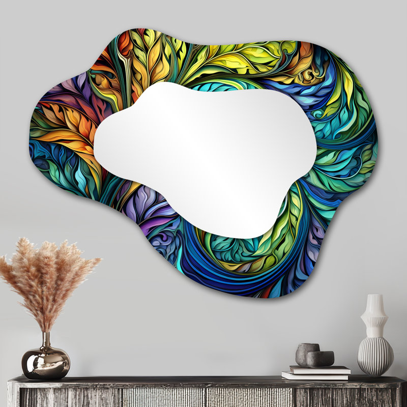 Art nouveau arc-en-ciel ornemental botanique - miroir nuage feuilles, miroir mural asymétrique vert unique, impression d'art en métal