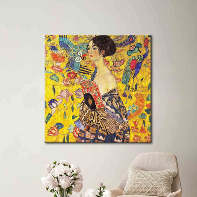 Reproduction artistique de Dame avec un éventail sur toile de coton tendue inspirée par Gustav Klimt, parfaite pour la décoration murale