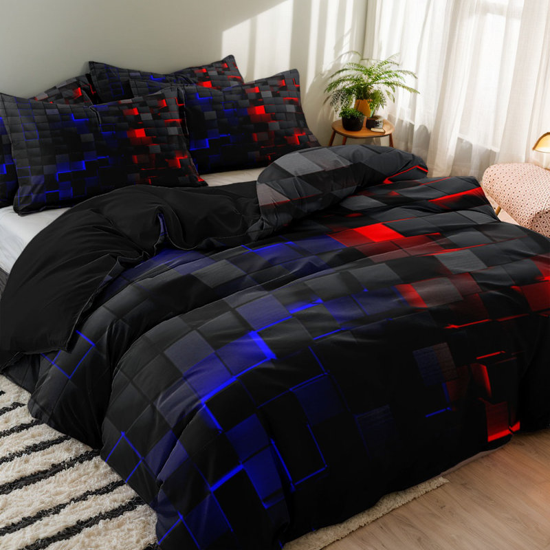 Blue And Black Geometric Microfiber Duvet Cover Set With Pillowcases, Digital Print Block Pattern Front With Solid Black Back, Reversible Bedding, Queen, Comforter And Pillow Inserts Not Included