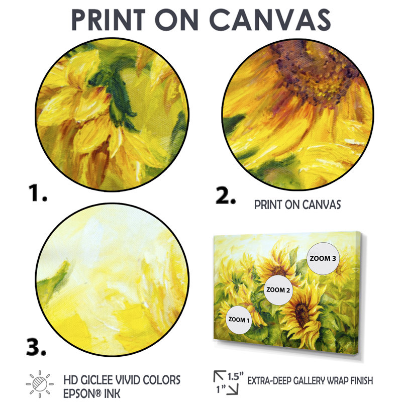 Bright Yellow Sunny Sunflowers - impression d'art graphique, H 20 po x l 40 po, Toile tendue, Ne s’applique pas