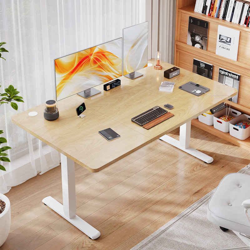Adjustable Height Steel Standing Desk, 118cm H x 120cm W 60cm D, White, Beige