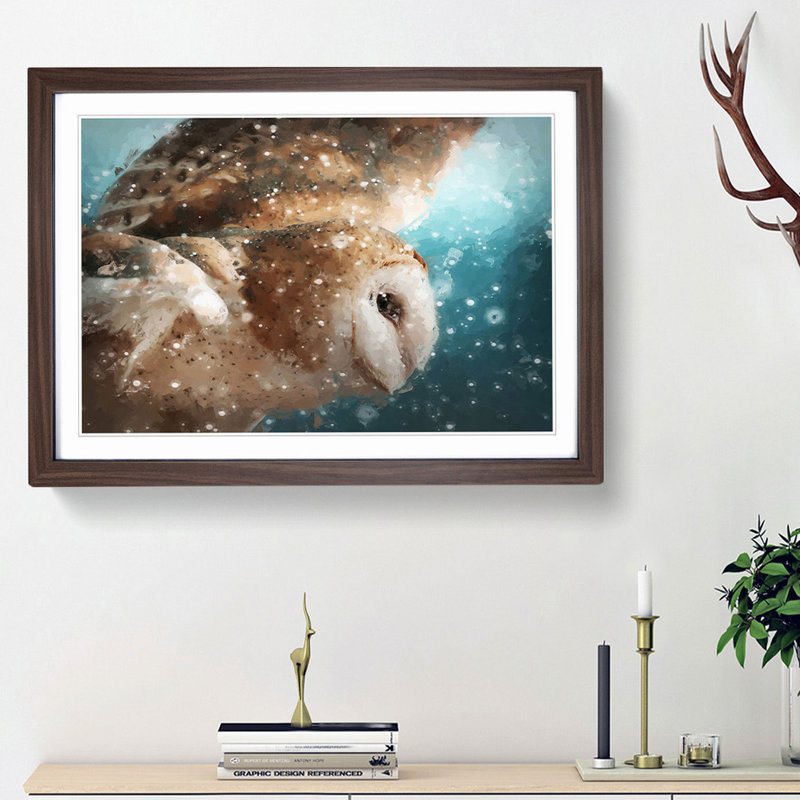 Barn Owl in the Snow in Abstract - Picture Frame Painting Print on MDF, Walnut Framed, 48cm H x 65cm W x 2cm D