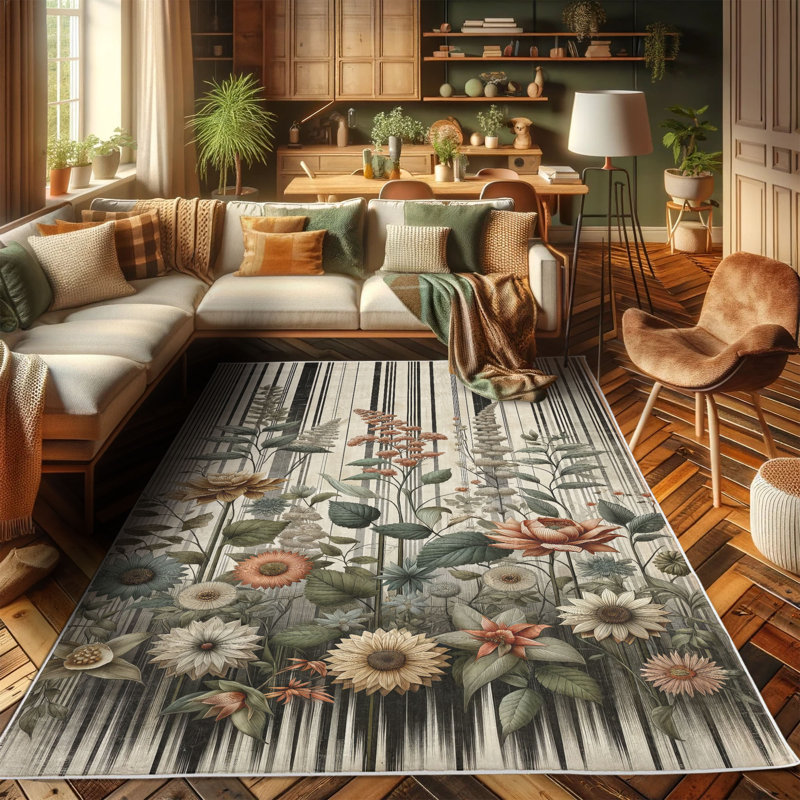 Botanical Garden Pattern Blue Synthetic Area Rug 5' 1" x 7' 5"
