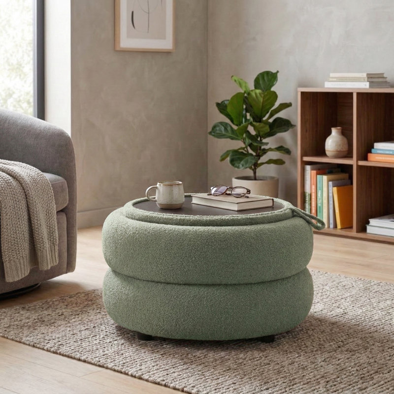 Round Coffee Table With Storage, Green Teddy