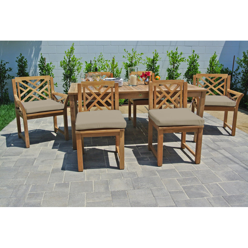 Monterey 6 - Person Teak Wood Patio Dining Set with Rectangular Table , Sunbrella® Cushions Included, Antique Beige