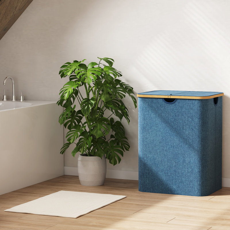 Panier à linge 120l avec couvercle, paniers à linge avec poignées en bambou et sac à linge amovible, grand panier à linge pliable pour chambre à coucher, salle de bain, dortoir, buanderie, bleu foncé