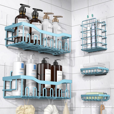 Ensemble de 5 boîtes de douche, organisateur de douche adhésif pour le rangement de la salle de bain, la décoration intérieure et la cuisine, sans perçage, grande capacité, organisateur de salle de bain en acier inoxydable antirouille