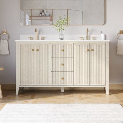 Meuble-lavabo sur pied l 60 po x H 35 po avec comptoir en quartz blanc Carrera et double lavabo encastré, entièrement assemblé