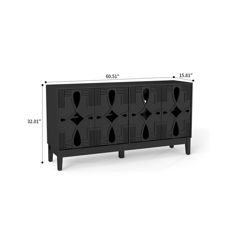 Mid-Century Modern 4-Door Wood Sideboard with Cut-Out Pattern and Adjustable Shelves, Black