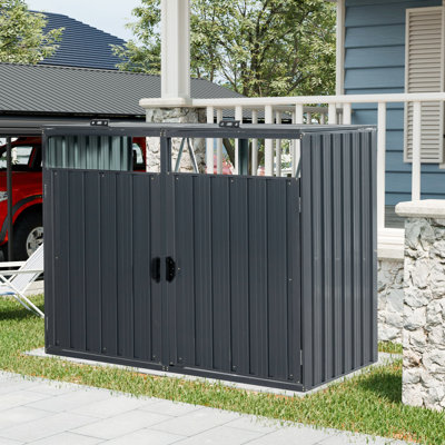 Metal Outdoor Garbage Bin Shed for 2 Trash Cans Black Stainless Galvanized Steel