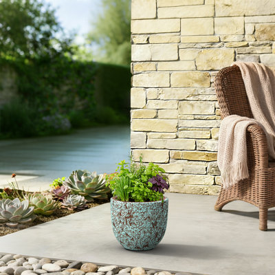 Grand pot à fleurs rond en béton 18 po avec trou de drainage, bleu sarcelle (intérieur amélioré)