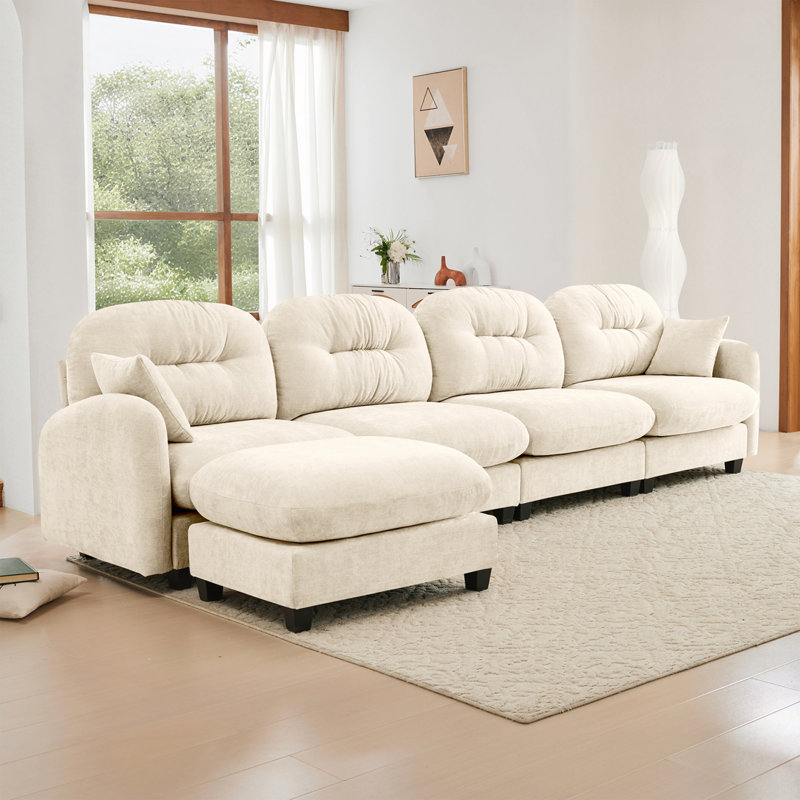 Canapé modulaire en chenille 4 places avec 2 coussins et repose-pieds, Beige