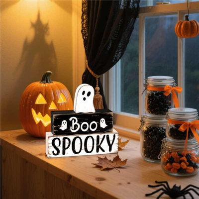 3 PCS Halloween, fantôme mignon, bloc de bois, signe d'Halloween, Boo, effrayant, plateau, niveaux, décor
