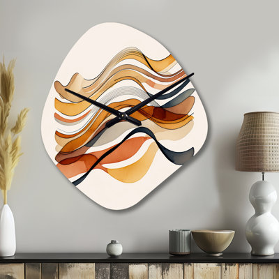 Hatten - Orange brûlé - vagues abstraites VI - horloges murales asymétriques abstraites en métal, horloge murale de forme unique orange