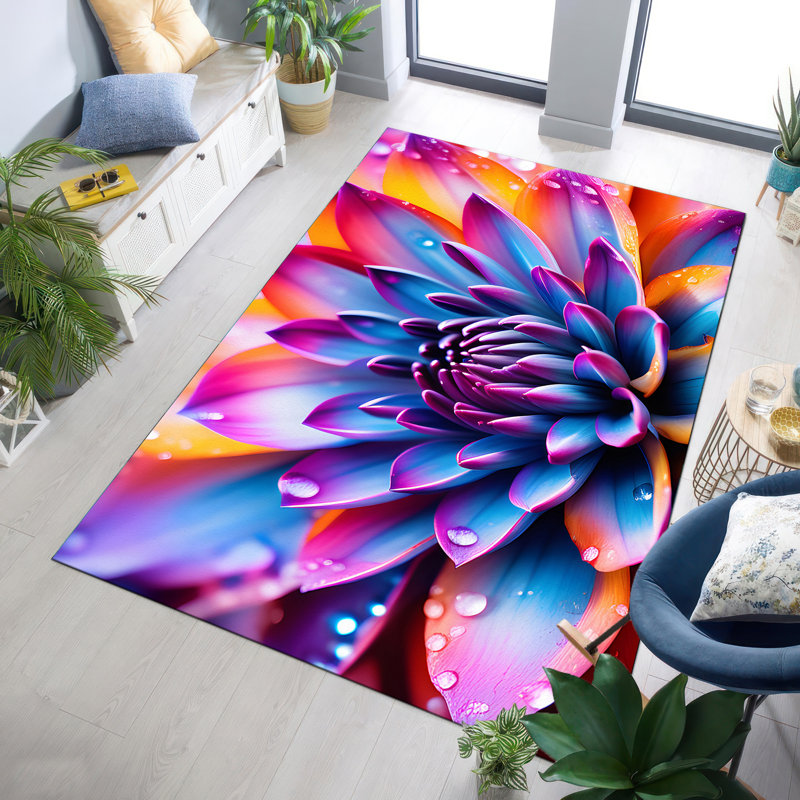 Handcrafted Floral Printed Rug with Soft Pile for Living Space and Bedroom Decor in Vibrant Colors and Intricate Design