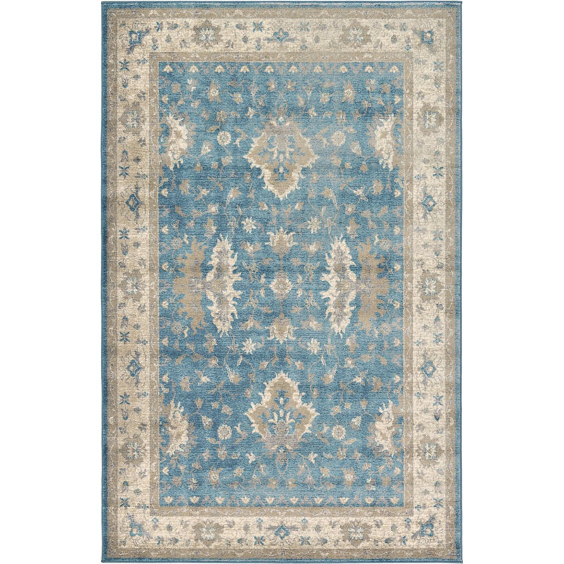 Tapis décoratif floral bleu Linz, Rectangle 3 pi 3 po x 5 pi 3 po