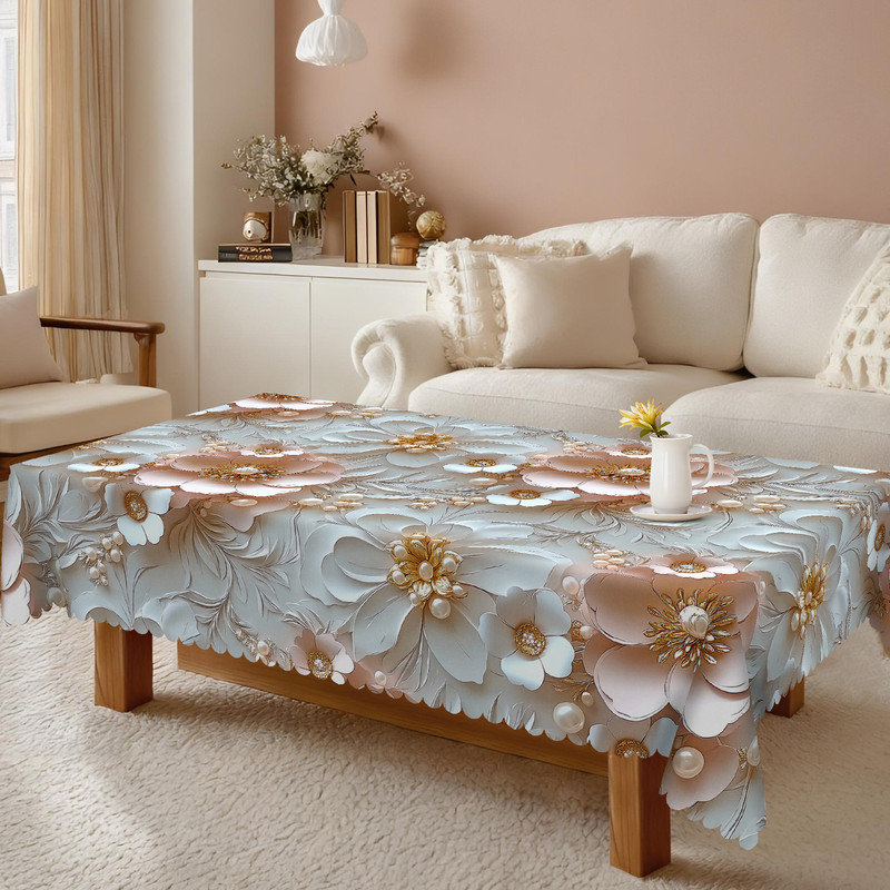 Gray Floral Waterdrop Pattern Design Machine Washable Polyester Tablecloth, 70.8" L x 55.12" W