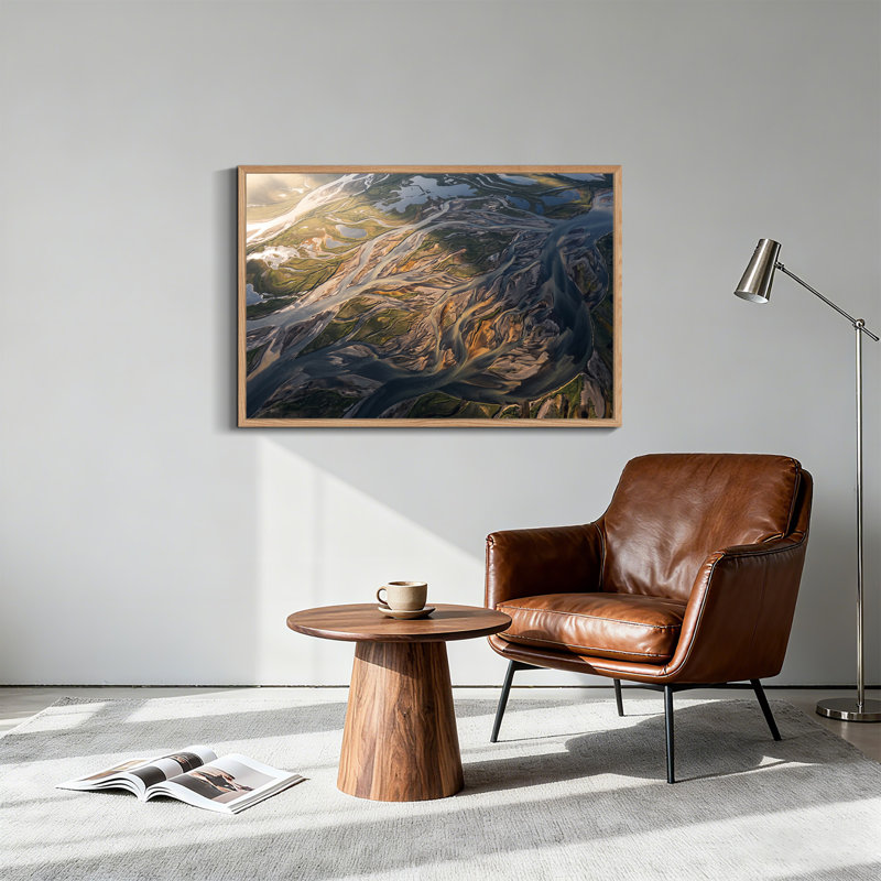 Art mural sur toile vert et brun avec vue aérienne du Delta de la rivière tressée, H 24 po x l 36 po