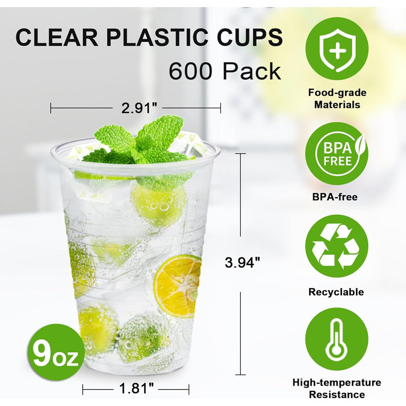 Paquet de 600 tasses en plastique transparentes 9 oz