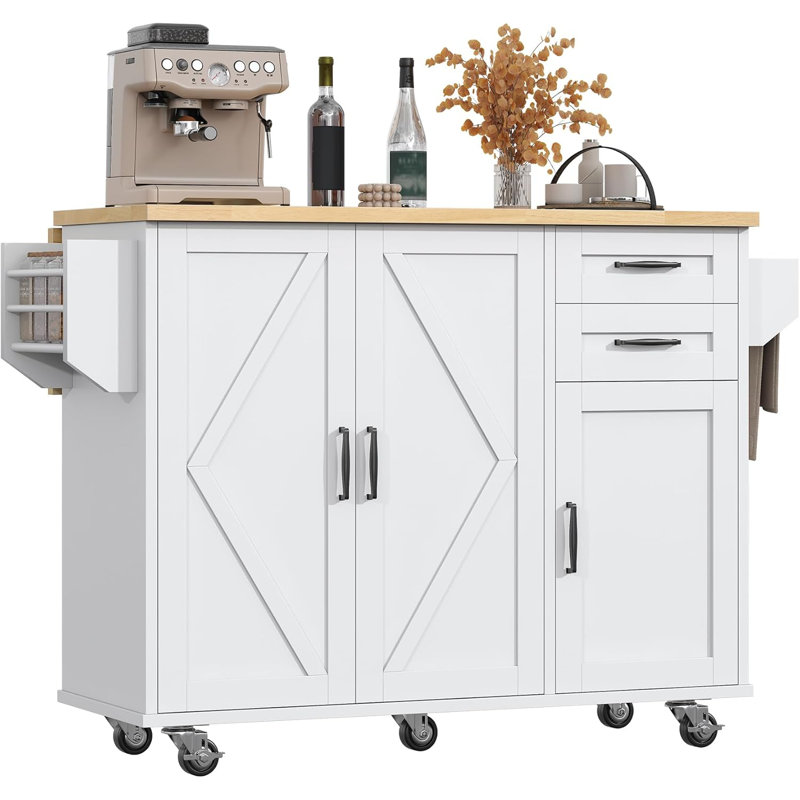 Rolling Kitchen Island On Wheels, Kitchen Island Cart With Drop Leaf Countertop, Barn Door Island Table With Storage Cabinet And 2 Drawer, 5 Wheels, Towel Rack And Spice Rack, White