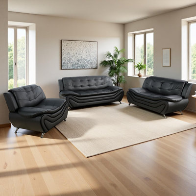 Veve Modern Finish — 3-Piece Armless Tufted Faux-Leather Sofa Set by Latitude Run