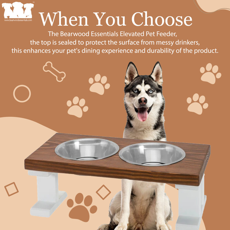 Chestnut and White Elevated Stainless Steel Pet Feeder, 8 Inch