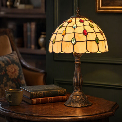 Tiffany Style Table Lamp With Stained Glass Shade, Vintage Art Nouveau Decorative Light, E26 Ambient Accent Lamp For Living Room & Bedroom