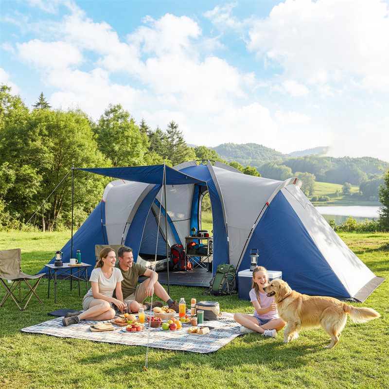 Tente de camping multi-pièces pour 8 à 12 personnes, bleu marine et gris clair