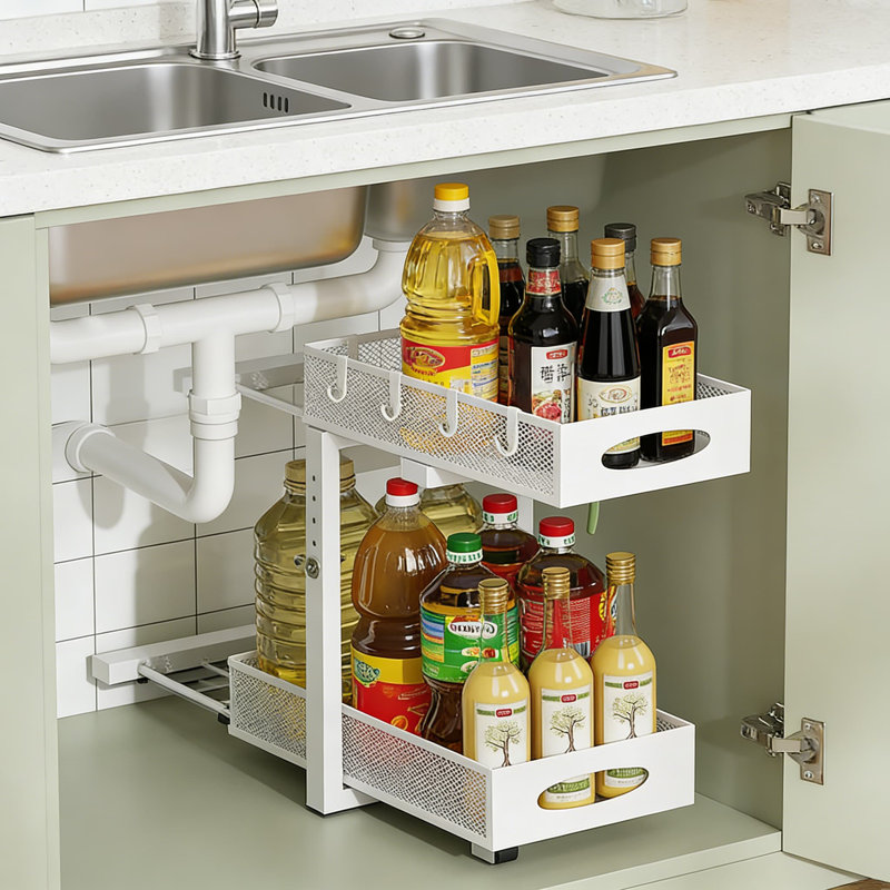 Rangement à 2 niveaux pour armoire coulissante, sous l'évier avec hauteur réglable pour le rangement de la cuisine et de la salle de bain, blanc (paquet de 2)