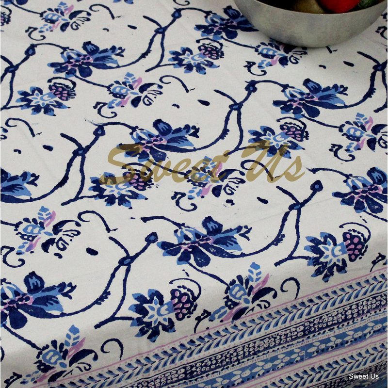 Block Print Cotton Floral Tablecloth, 90" x 60"