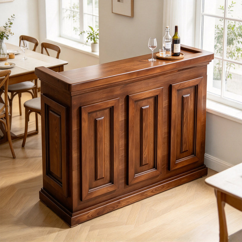 Bureau de réception traditionnel en bois massif, finition noyer foncé avec motif en relief