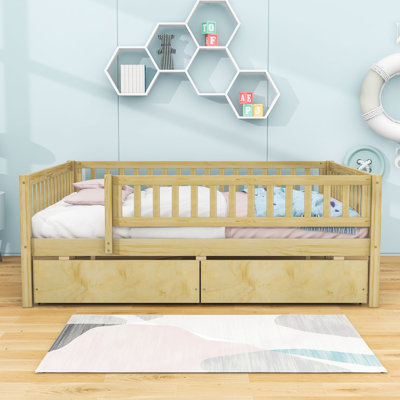 Rowanne Wooden Daybed Wood Bed with Two Drawers and Fence