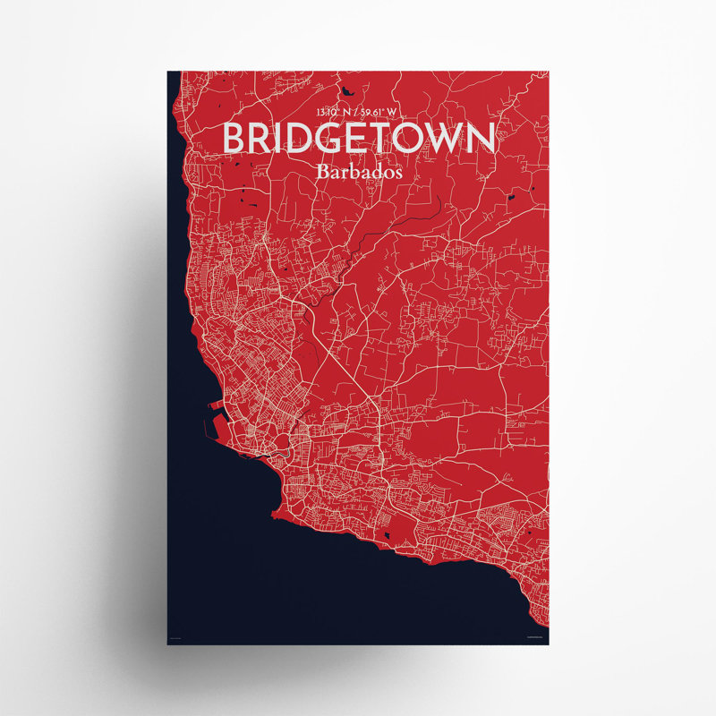 «Bridgetown City Map», impression, Rouge / Bleu marine, H 36 po x l 24 po