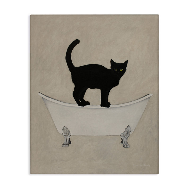 Chat noir avec griffes sur pieds et baignoire, H 14 po x l 11 po, Giclée encadrée noir minuit