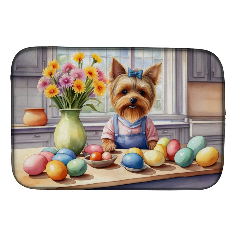 Decorating Easter Yorkshire Terrier Dish Drying Mat