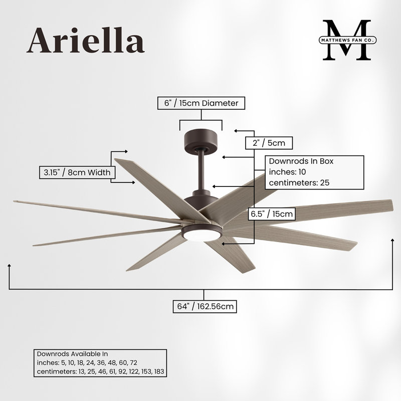 Ariella - Eight Blade Ceiling Fan - Integrated LED - Matte Black Finish - Matte White Blades, Gray Ash Tone, Textured Bronze